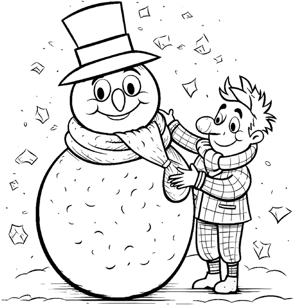 Ausmalbild Schneemann mit fröhlichem Jungen im Winter