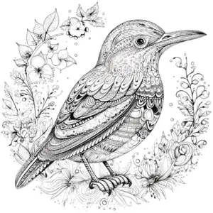 schoener-vogel-mit-blumen-und-pflanzen-ausmalbild