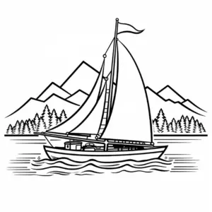 segelschiff-mit-bergen-und-waeldern-ausmalbild