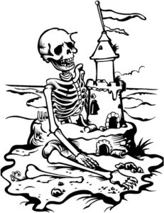 skelett-am-strand-mit-sandburg
