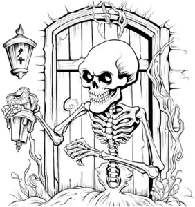 skelett-mit-eis-vor-gruseliger-tuer-ausmalbild