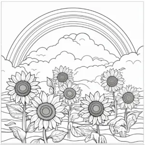 sonnenblumen-regenbogen-und-wolken-ausmalbild