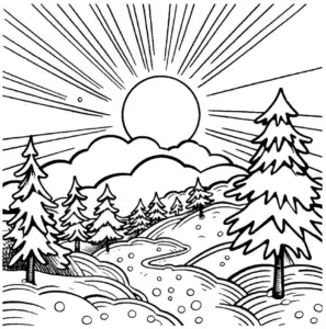 sonnenstrahlen-ueber-nadelbaeumen-ausmalbild