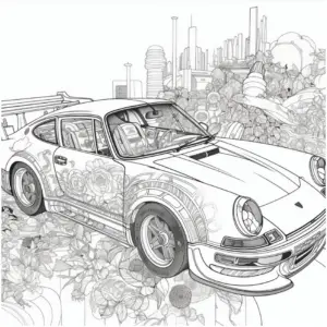 sportliches-auto-mit-blumen-und-stadtlandschaft