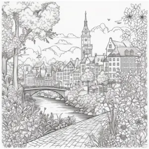 stadtansicht-mit-bruecke-und-fluss-ausmalbild