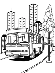 stadtbus-ausmalbild-mit-hochhaeusern-und-laternen