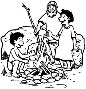 steinzeitfamilie-am-lagerfeuer-ausmalbild