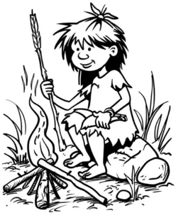 steinzeitkind-am-lagerfeuer-ausmalbild