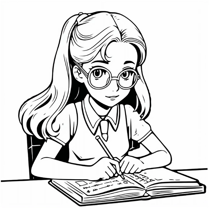 studierendes-maedchen-mit-buch-und-stift-ausmalbild