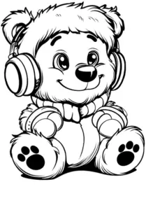 suesser-baer-mit-kopfhoerern-schal-ausmalbild