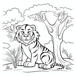 tiger-in-natur-mit-baeumen-ausmalbild