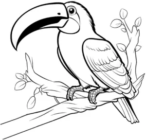tukan-ausmalbild-auf-ast-mit-blaettern