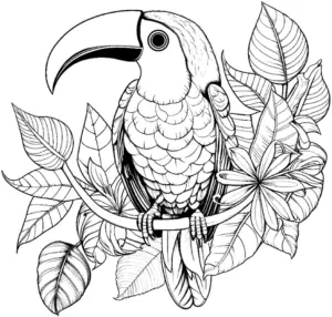 tukan-ausmalbild-mit-blaettern-und-blumen