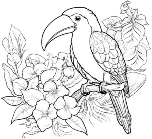 tukan-ausmalbild-mit-blumen-und-blaettern