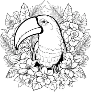 tukan-ausmalbild-mit-blumen-und-pflanzen