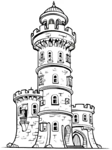 turm-ausmalbild-mit-zinnen-und-kuppel