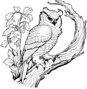 uhu-auf-ast-mit-blaettern-ausmalbild