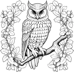 uhu-auf-zweig-mit-pflanzenrahmen