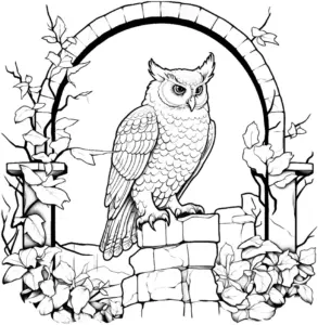 uhu-ausmalbild-im-architektur-bogen-mit-pflanzen