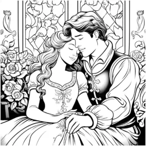 verliebt-im-maerchen-ausmalbild-mit-paar-und-rosen