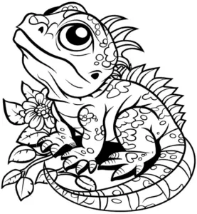 verspielte-eidechse-ausmalbild-mit-blumen