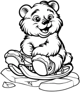 verspielter-baer-auf-schlitten-in-winterlandschaft