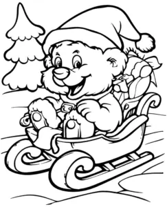 verspielter-eisbaer-im-schlitten-mit-geschenken