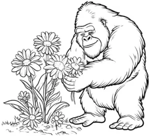 verspielter-gorilla-mit-blumen-ausmalbild