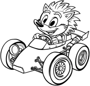 Verspielter Igel im Rennwagen Ausmalbild