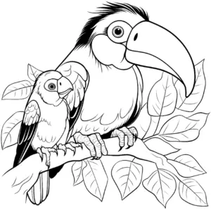 voegel-ausmalbild-tukan-und-junger-vogel-auf-ast