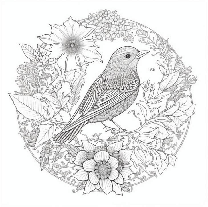 vogel-im-blumenkranz-ausmalbild