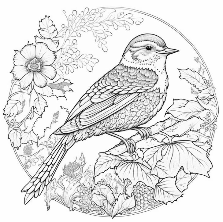 vogel-mit-blumen-und-natur-ausmalbild