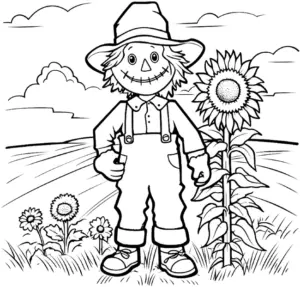 vogelscheuche-mit-sonnenblumen-im-ausmalbild