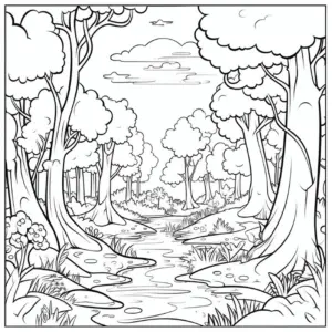 waldansicht-mit-fluss-und-baeumen-ausmalbild