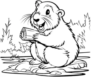 waldbiber-ausmalbild-mit-baumstamm