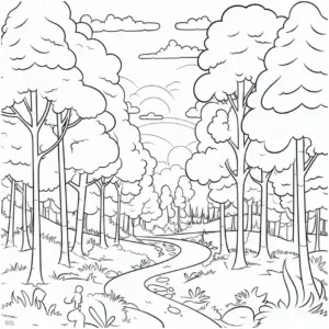 waldlandschaft-ausmalbild-mit-baeumen-und-weg