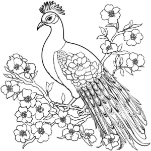 waldpfau-ausmalbild-mit-blueten-und-aesten