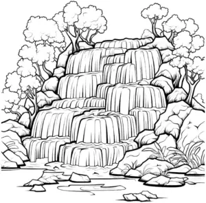 wasserfall-ausmalbild-mit-baeumen-und-felsen
