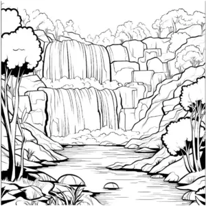 wasserfall-ausmalbild-mit-felsen-und-baeumen