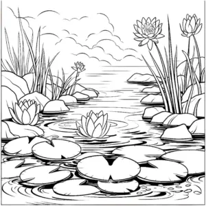 wasserlilien-ausmalbild-mit-pflanzen-am-wasser