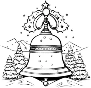 weihnachtsglocke-ausmalbild-mit-tannenbaeumen-und-sternen
