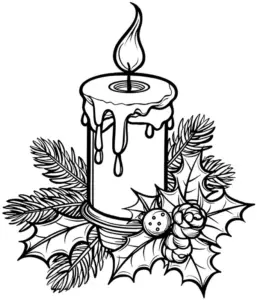 weihnachtskerze-ausmalbild-mit-tannenzweigen-und-stechpalme