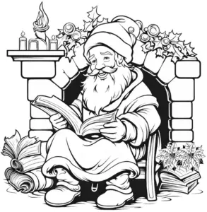 weihnachtsmann-am-kamin-buch-lesend-ausmalbild