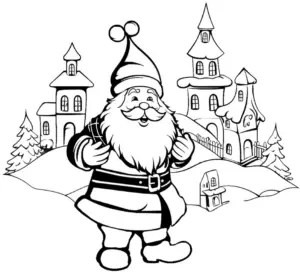 weihnachtsmann-ausmalbild-mit-winterlandschaft