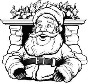 weihnachtsmann-ausmalbild-vor-kaminsims-mit-dekoration
