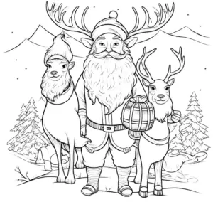 weihnachtsmann-mit-rentieren-im-schnee-ausmalbild