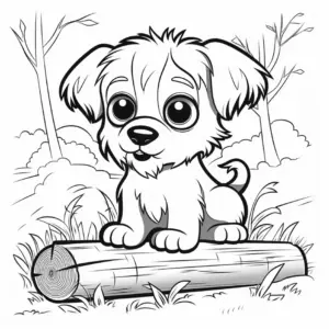 welpe-auf-baumstamm-in-natur-ausmalbild