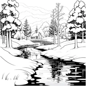 winterlandschaft-ausmalbild-mit-fluss-und-haus