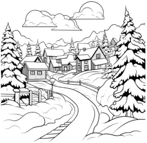winterlandschaft-ausmalbild-mit-haeusern-und-baeumen