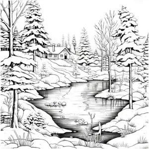 winterlandschaft-ausmalbild-mit-haus-und-see